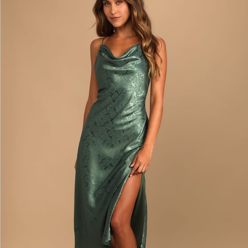 You're My Type Sage Green Satin Jacquard Midi Slip Dress